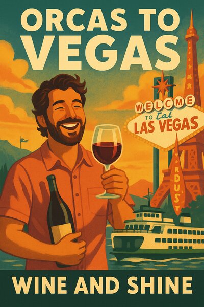 Poster showing Cole's journey from Orcas to Vegas with wine and ferry