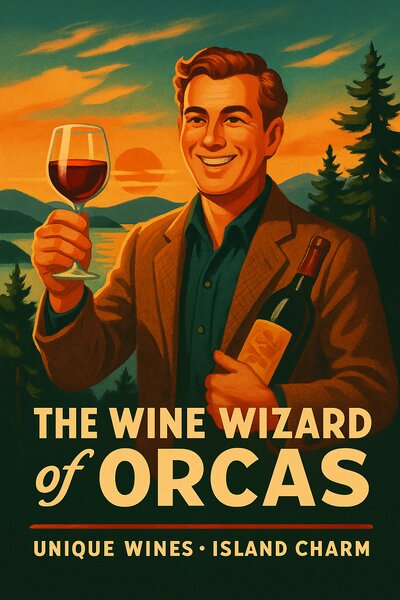 Vintage poster art of Cole Sisson as the Wine Wizard of Orcas